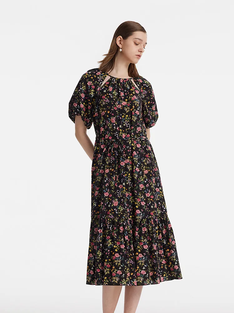 16 Momme Mulberry Silk Cut-Out Rose Print Women Midi Dress