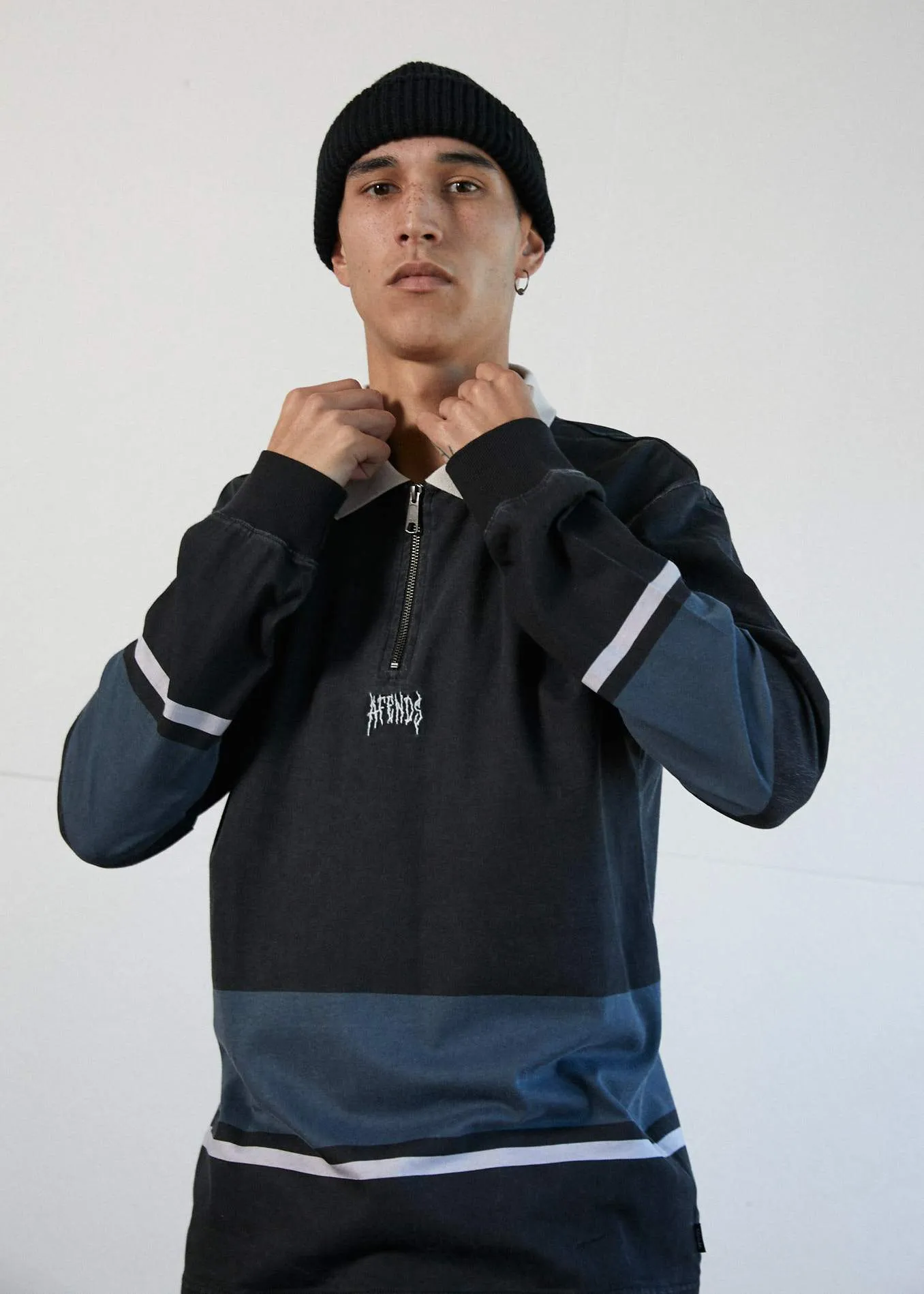 Afends Mens Whiplash - Half Zip Long Sleeve Polo Tee - Black