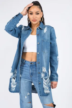 American Bazi Distressed Button Down Denim Shirt Jacket American Bazi Distressed Button Down Denim Shirt Jacket