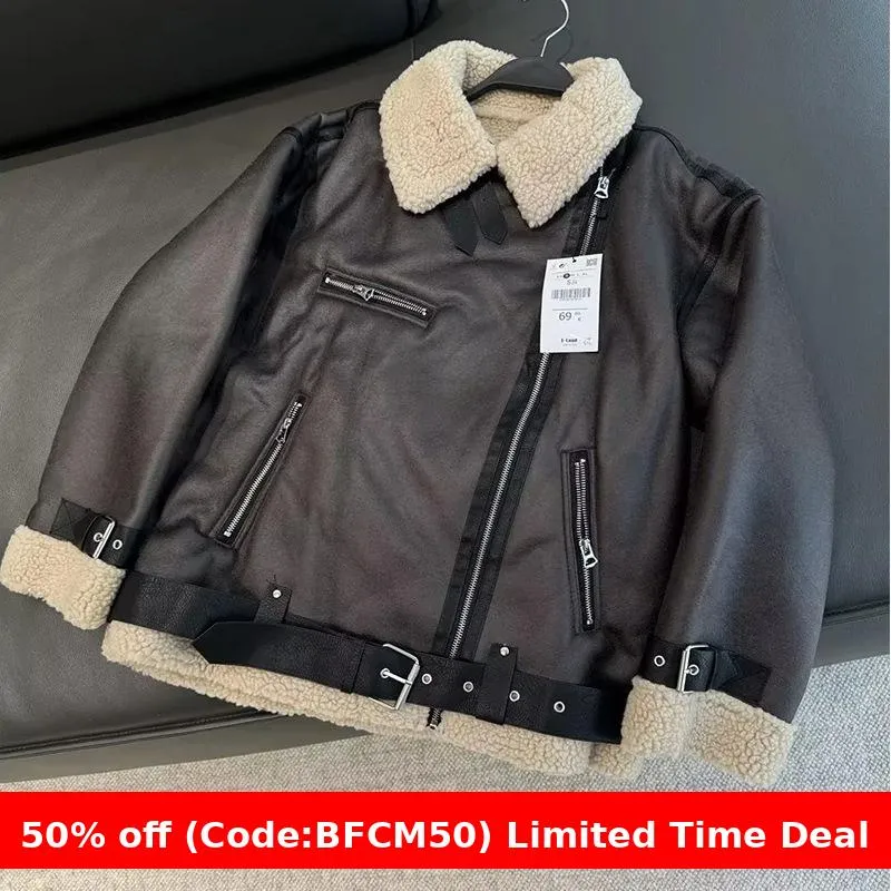 Amozae 90s streetwear Zadata Women's Fur Integrated Warm Double-Sided Jacket with Belt 8073264 80736