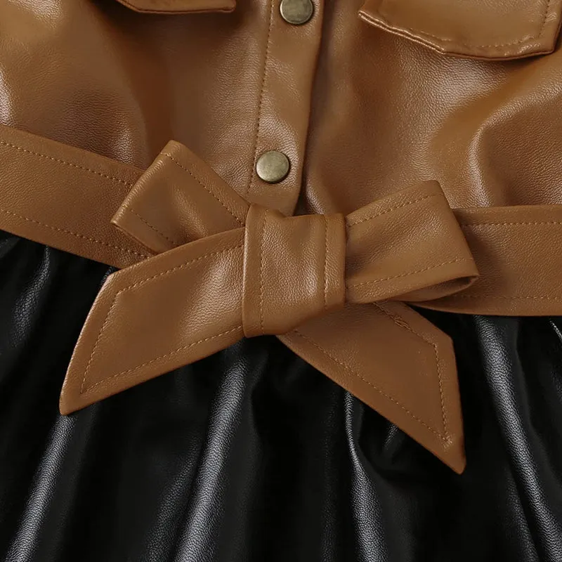 Baby Girl Fall Polo Collar Long Sleeve PU Faux Leather Dress