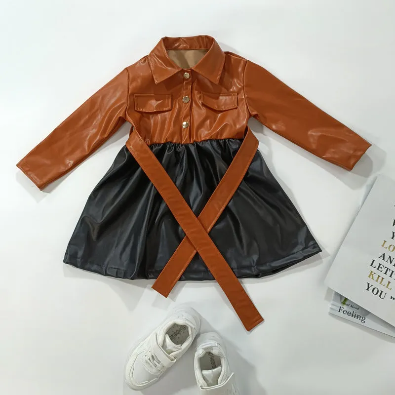 Baby Girl Fall Polo Collar Long Sleeve PU Faux Leather Dress