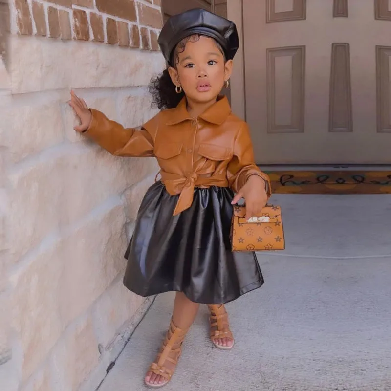 Baby Girl Fall Polo Collar Long Sleeve PU Faux Leather Dress