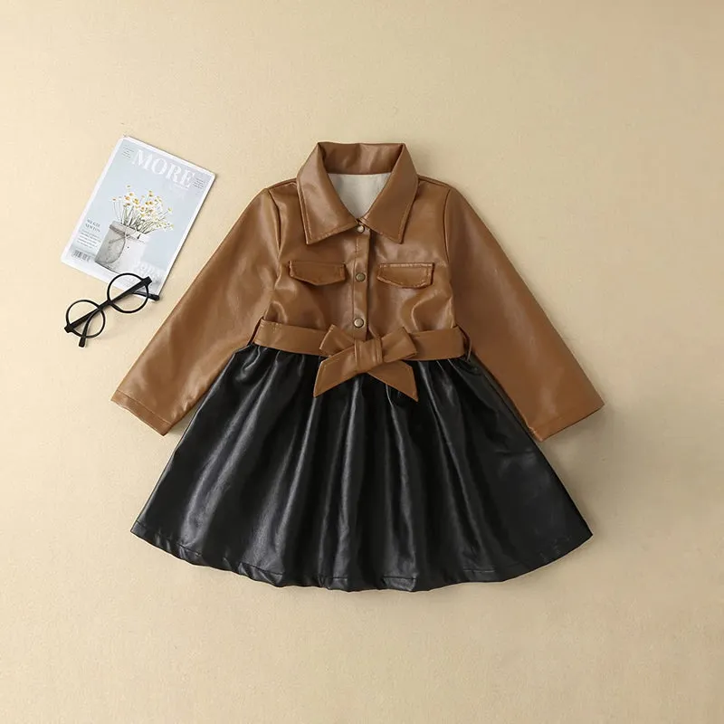 Baby Girl Fall Polo Collar Long Sleeve PU Faux Leather Dress