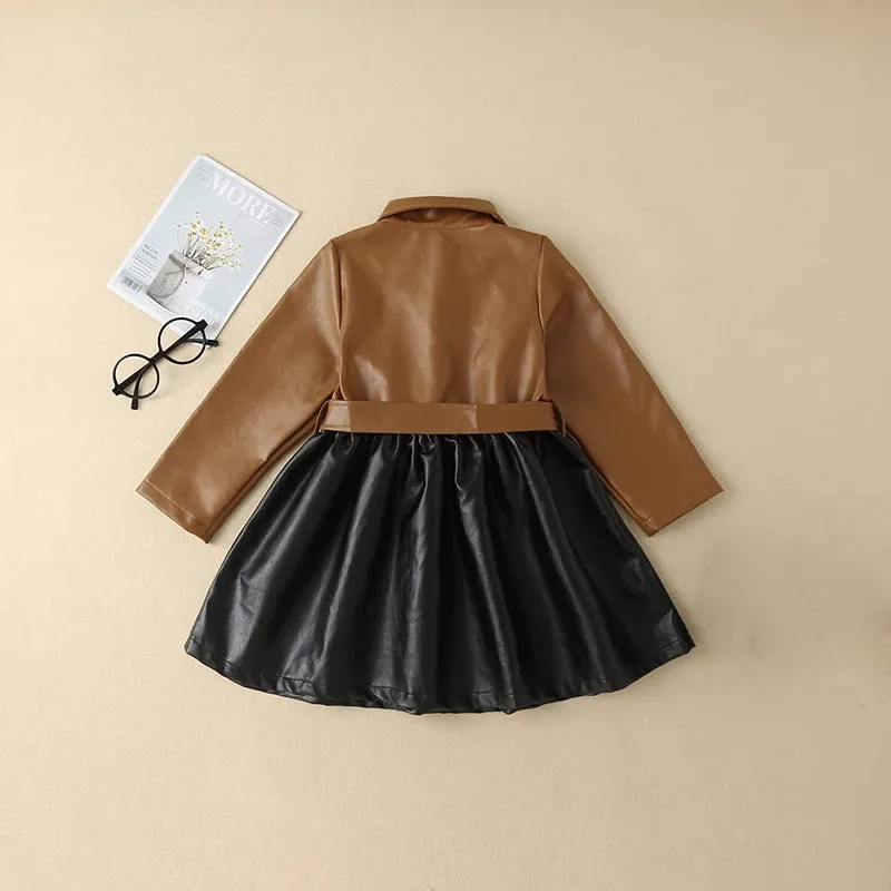 Baby Girl Fall Polo Collar Long Sleeve PU Faux Leather Dress