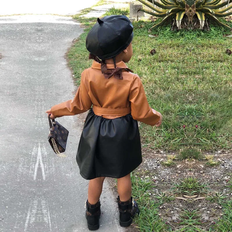 Baby Girl Fall Polo Collar Long Sleeve PU Faux Leather Dress
