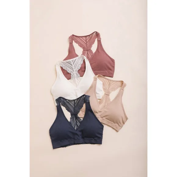 Beige Seamless Front Solid Lace Racerback Bralette Casual Women's