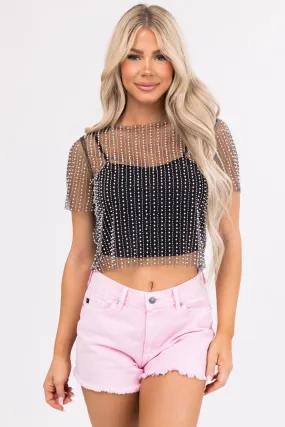Black Pearl Bead Mesh Top with Tank Top