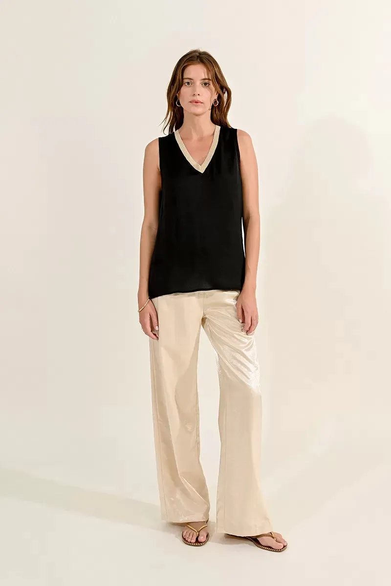 Black V-neck Satin Top