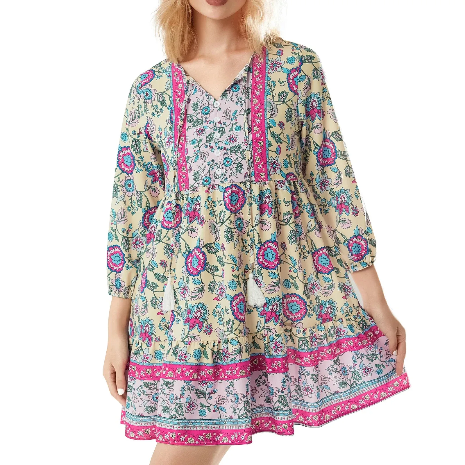 Boho Loose Mini Floral Print Lantern Sleeve Button Beach Party Casual Summer Dress