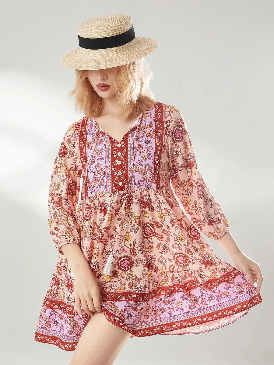 Boho Loose Mini Floral Print Lantern Sleeve Button Beach Party Casual Summer Dress