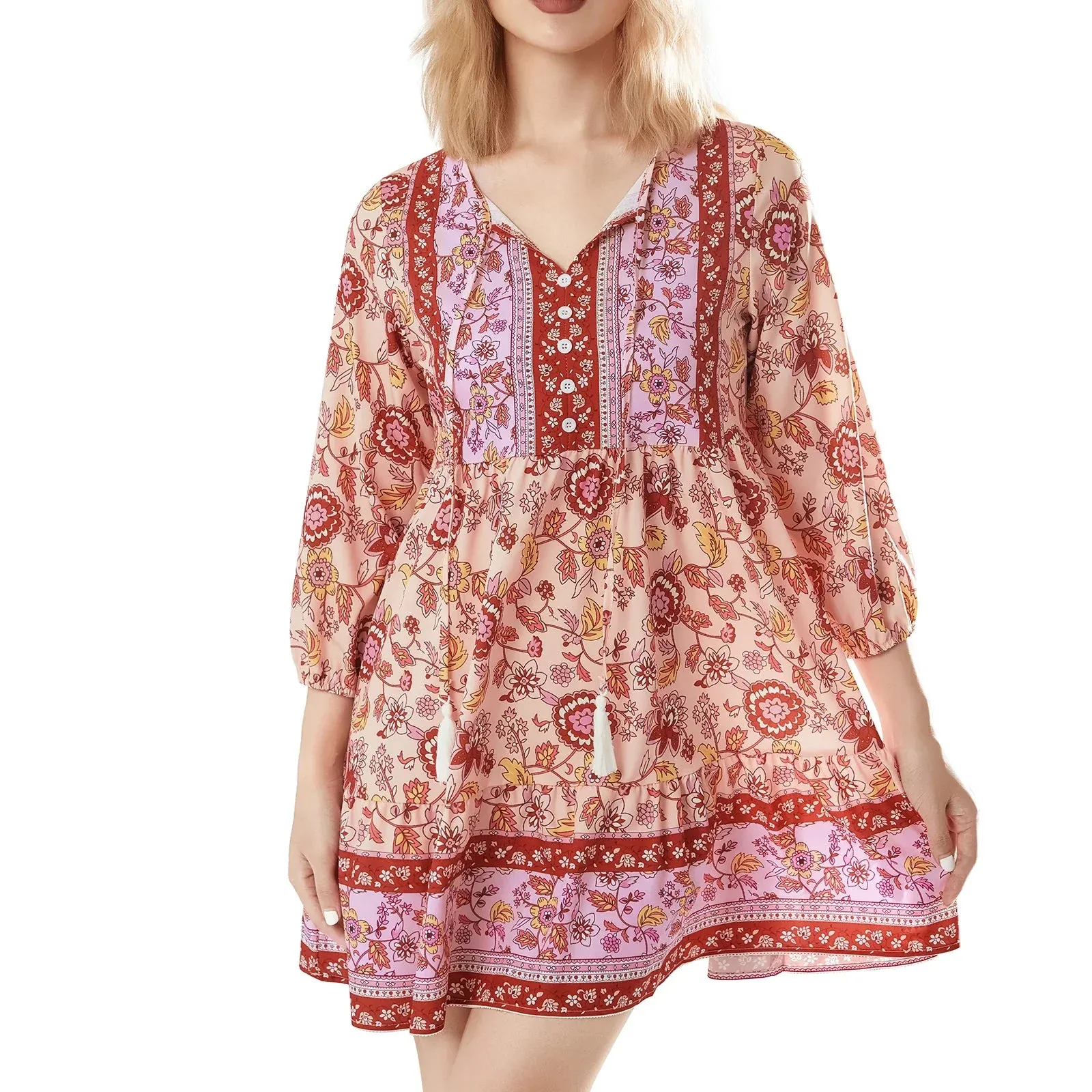 Boho Loose Mini Floral Print Lantern Sleeve Button Beach Party Casual Summer Dress