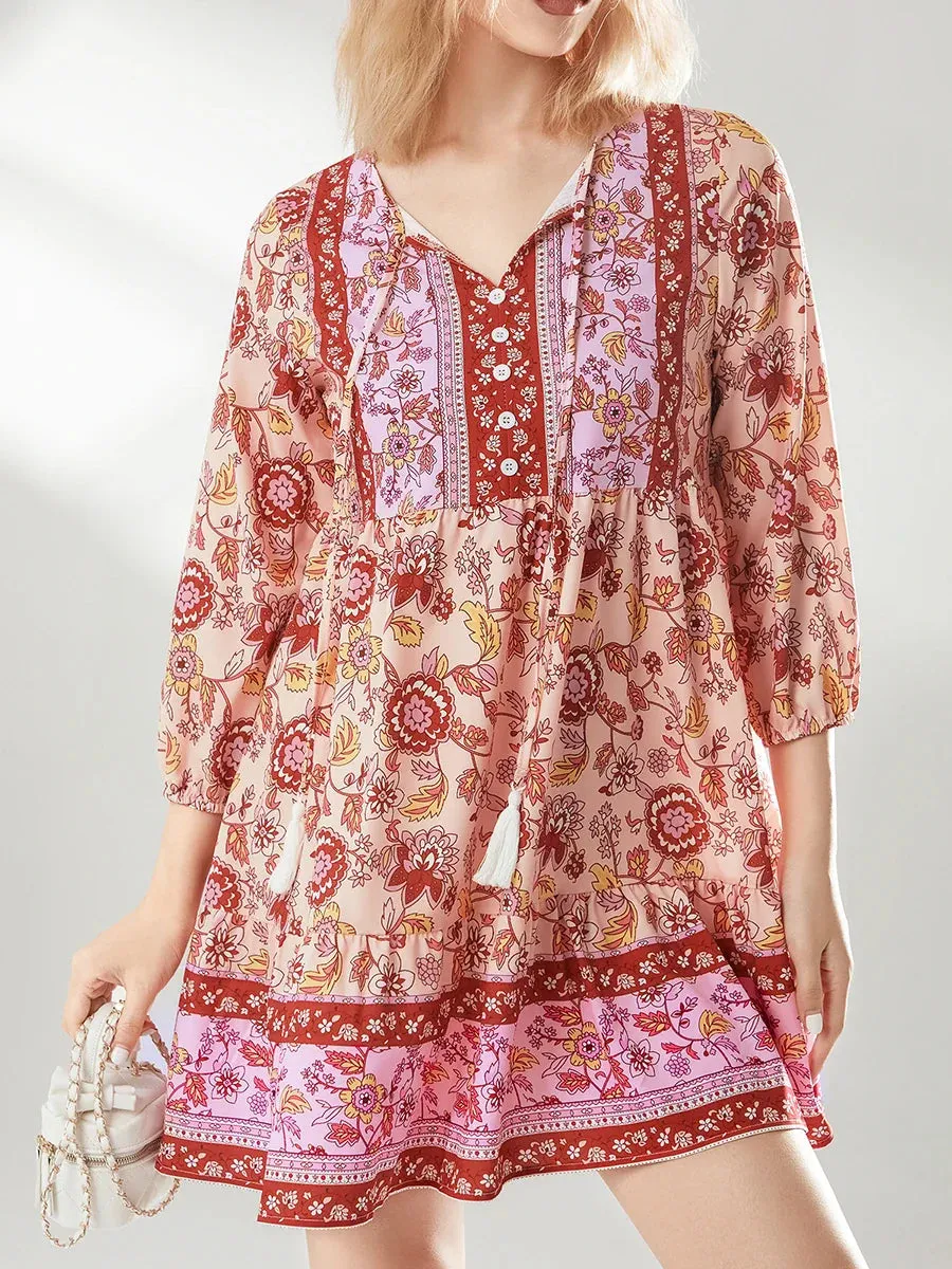 Boho Loose Mini Floral Print Lantern Sleeve Button Beach Party Casual Summer Dress