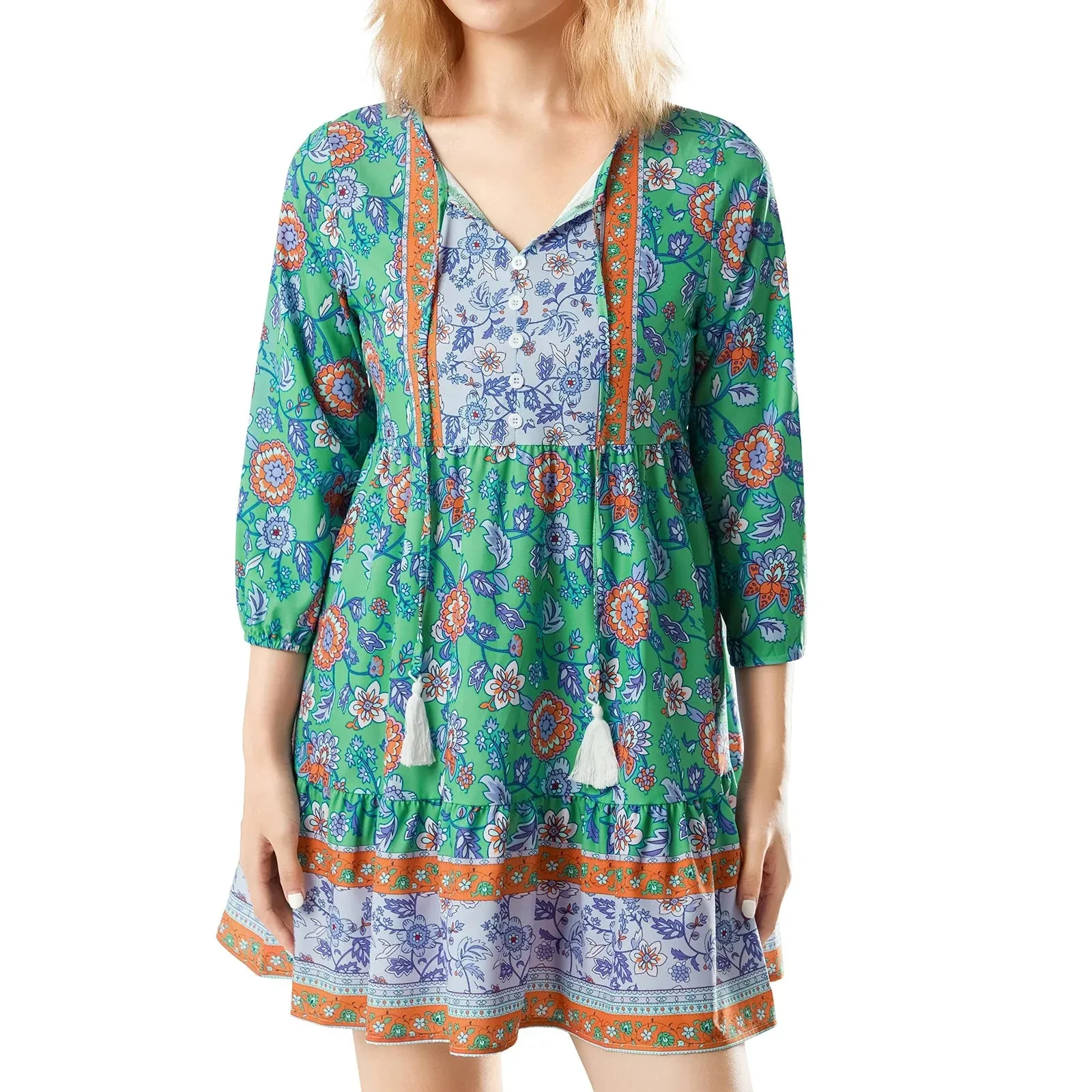 Boho Loose Mini Floral Print Lantern Sleeve Button Beach Party Casual Summer Dress