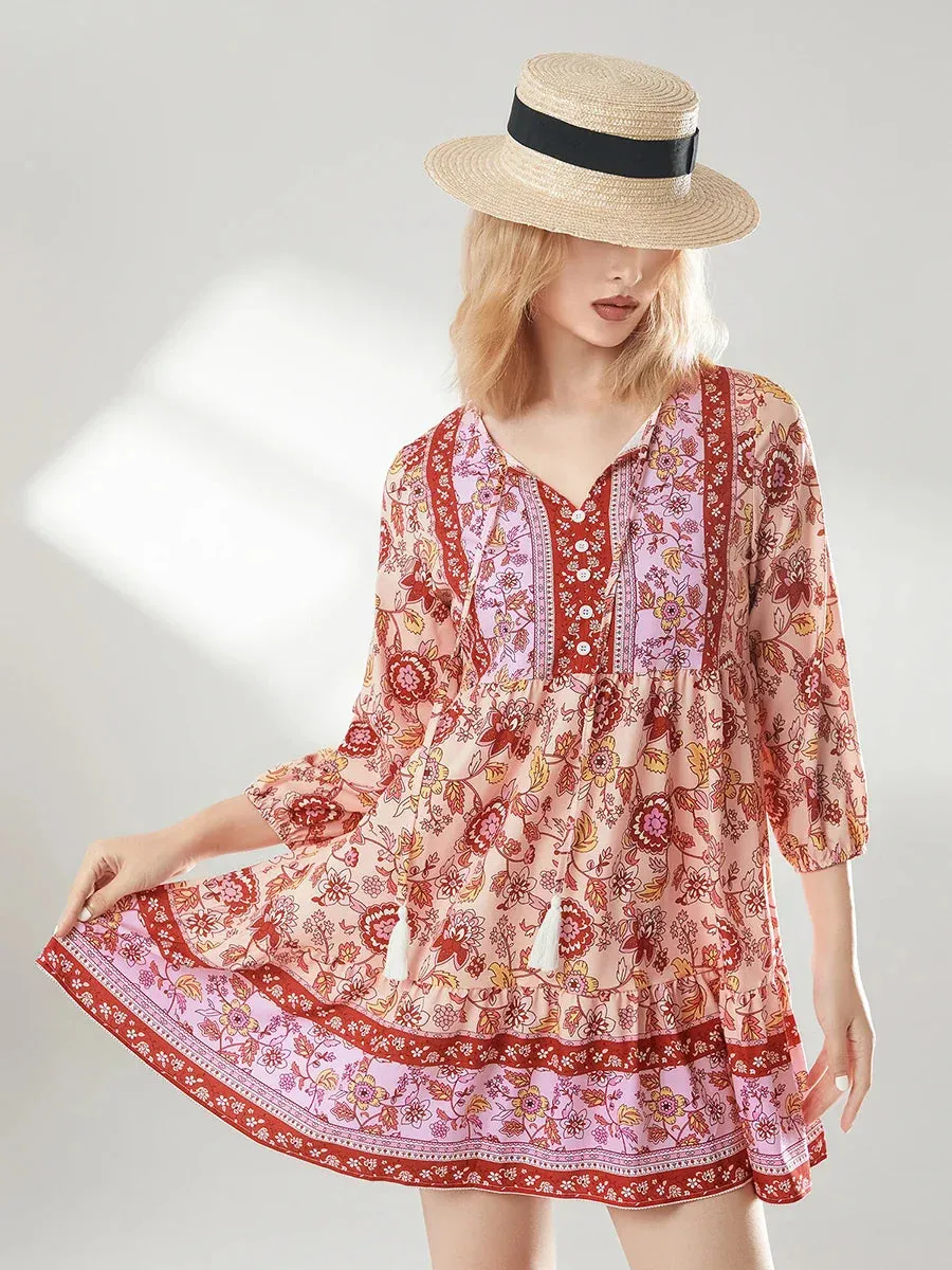 Boho Loose Mini Floral Print Lantern Sleeve Button Beach Party Casual Summer Dress