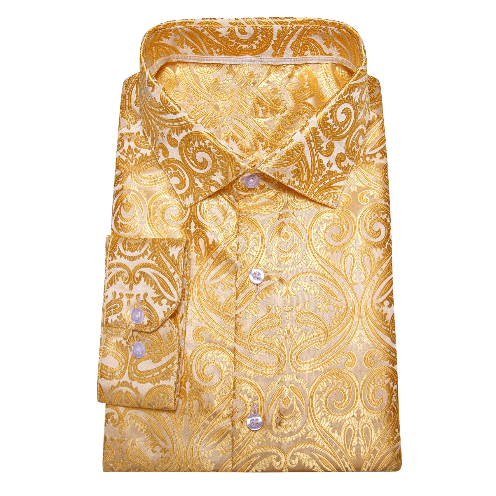 Bright Yellow Paisley Silk Men's Casual Business Long Sleeve Shirt