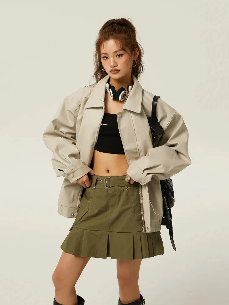 Brown Leather Polo Collar Basic Three-Color Autumn Retro Casual Loose Jacket
