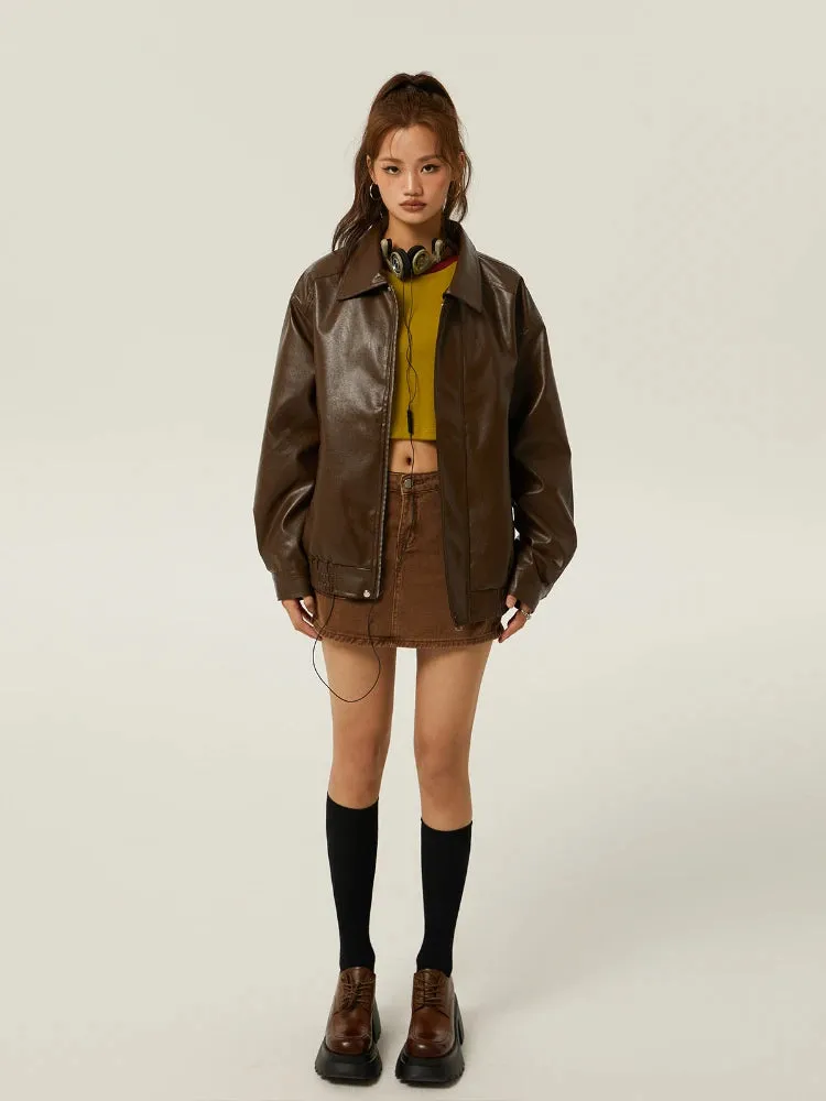 Brown Leather Polo Collar Basic Three-Color Autumn Retro Casual Loose Jacket