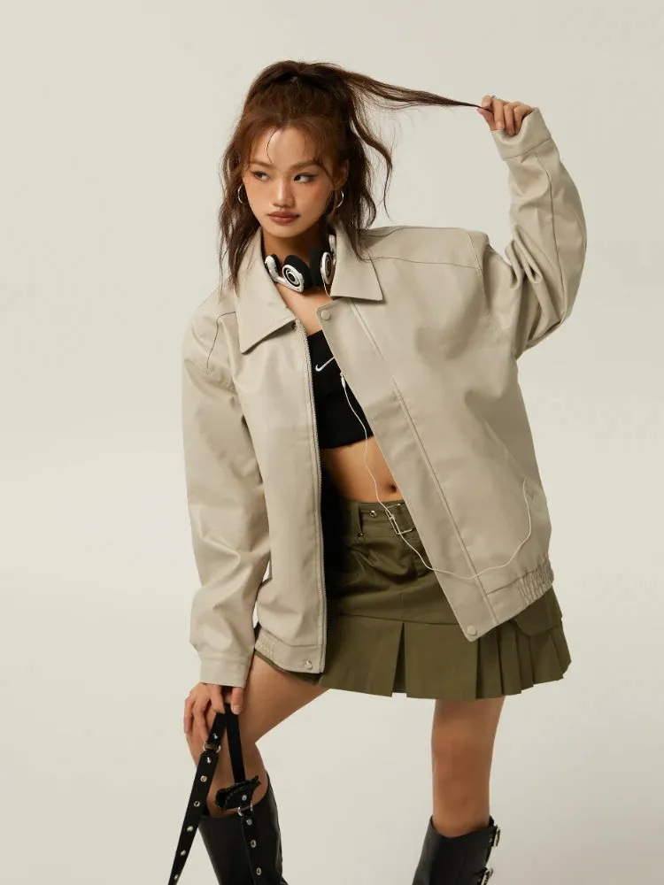 Brown Leather Polo Collar Basic Three-Color Autumn Retro Casual Loose Jacket