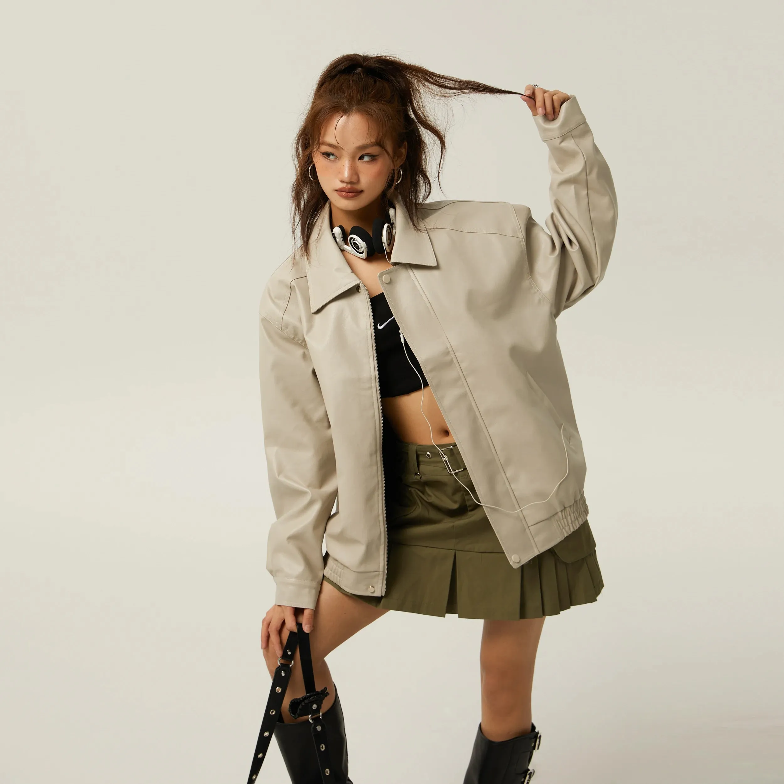 Brown Leather Polo Collar Basic Three-Color Autumn Retro Casual Loose Jacket