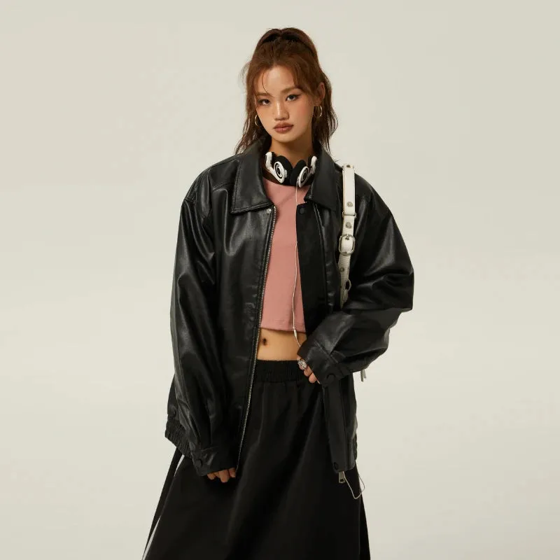 Brown Leather Polo Collar Basic Three-Color Autumn Retro Casual Loose Jacket