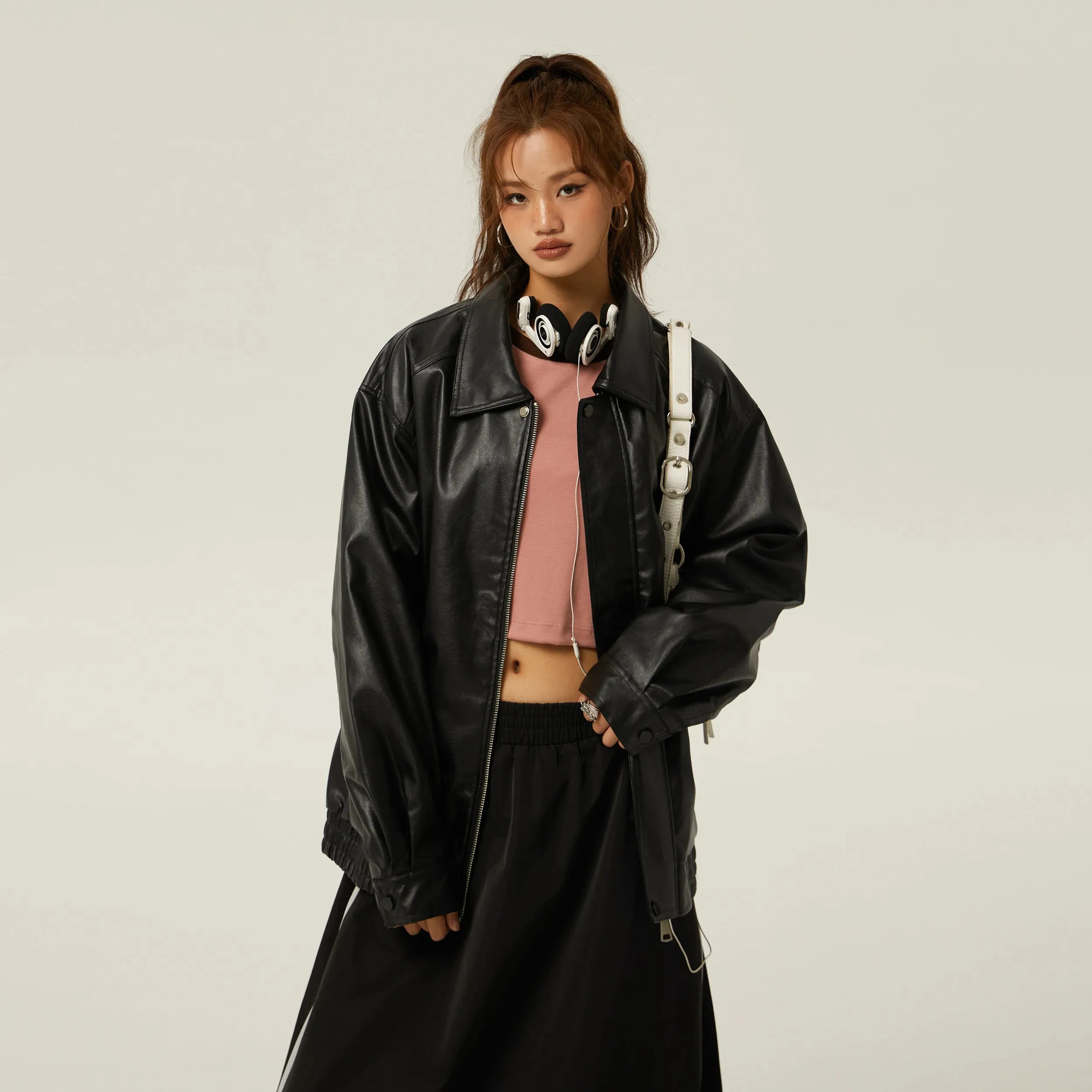 Brown Leather Polo Collar Basic Three-Color Autumn Retro Casual Loose Jacket