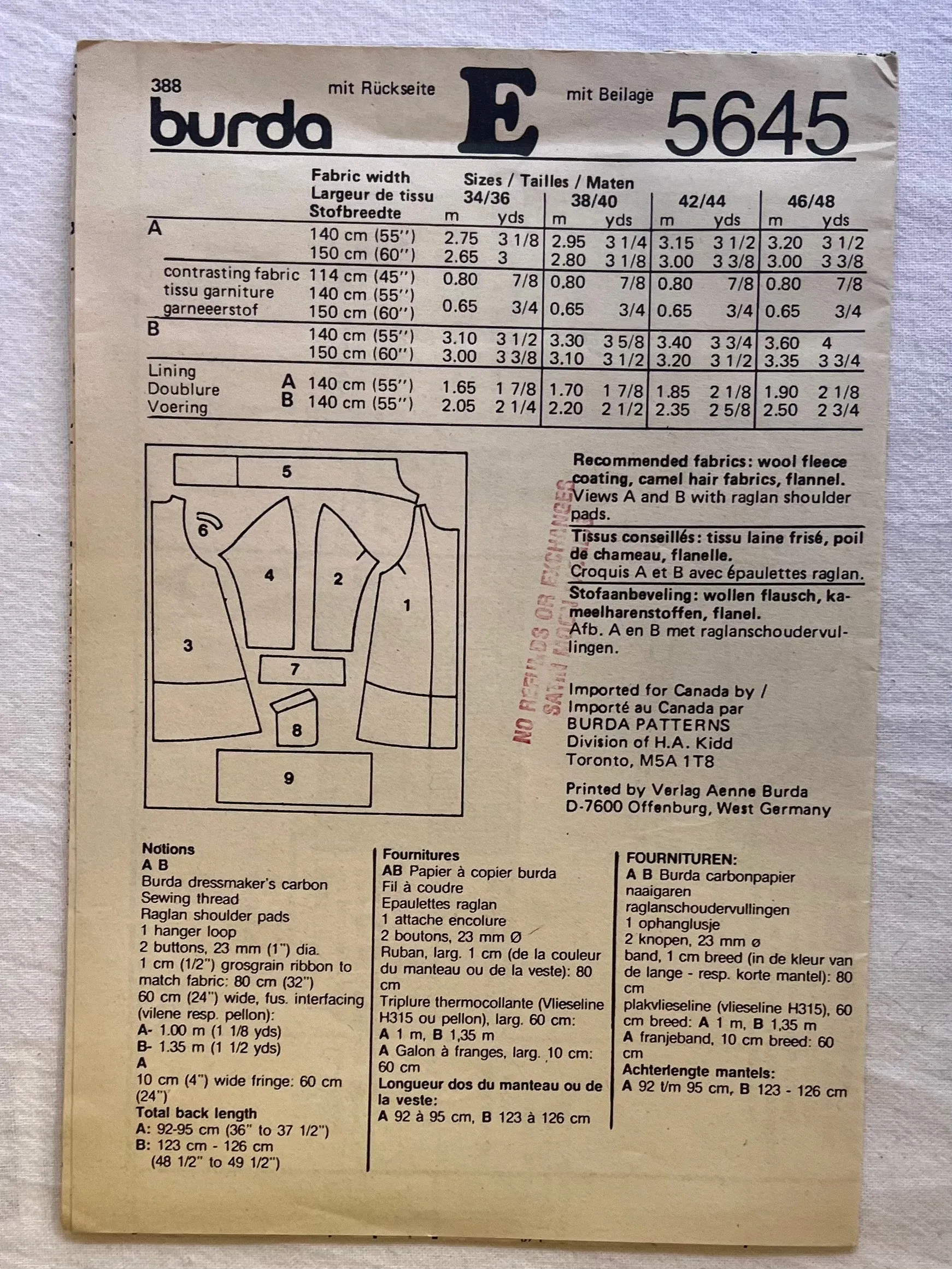 Burda Super Easy 5645 PARTIALLY CUT Coat Sizes S-XL