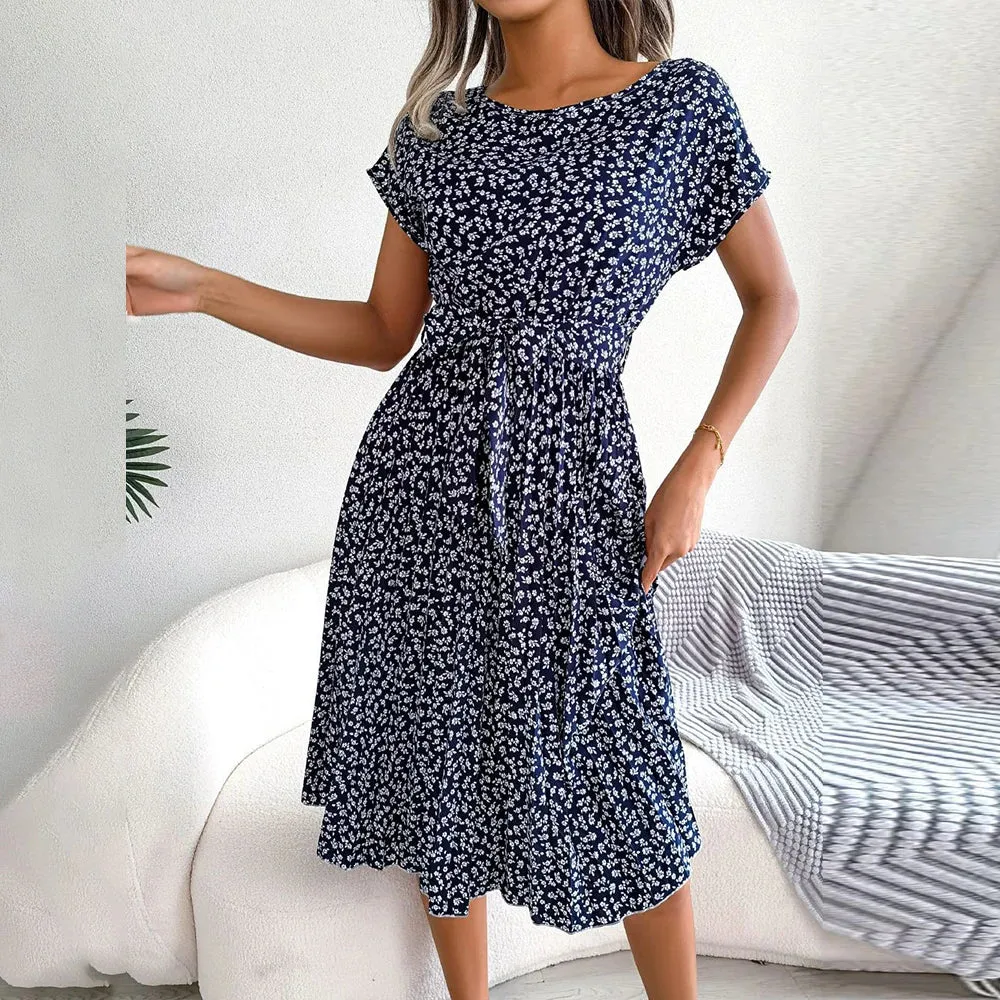 Casual Loose Summer Fashion Floral Short Slim Vacation Pullover Sleeve Skirt Dress