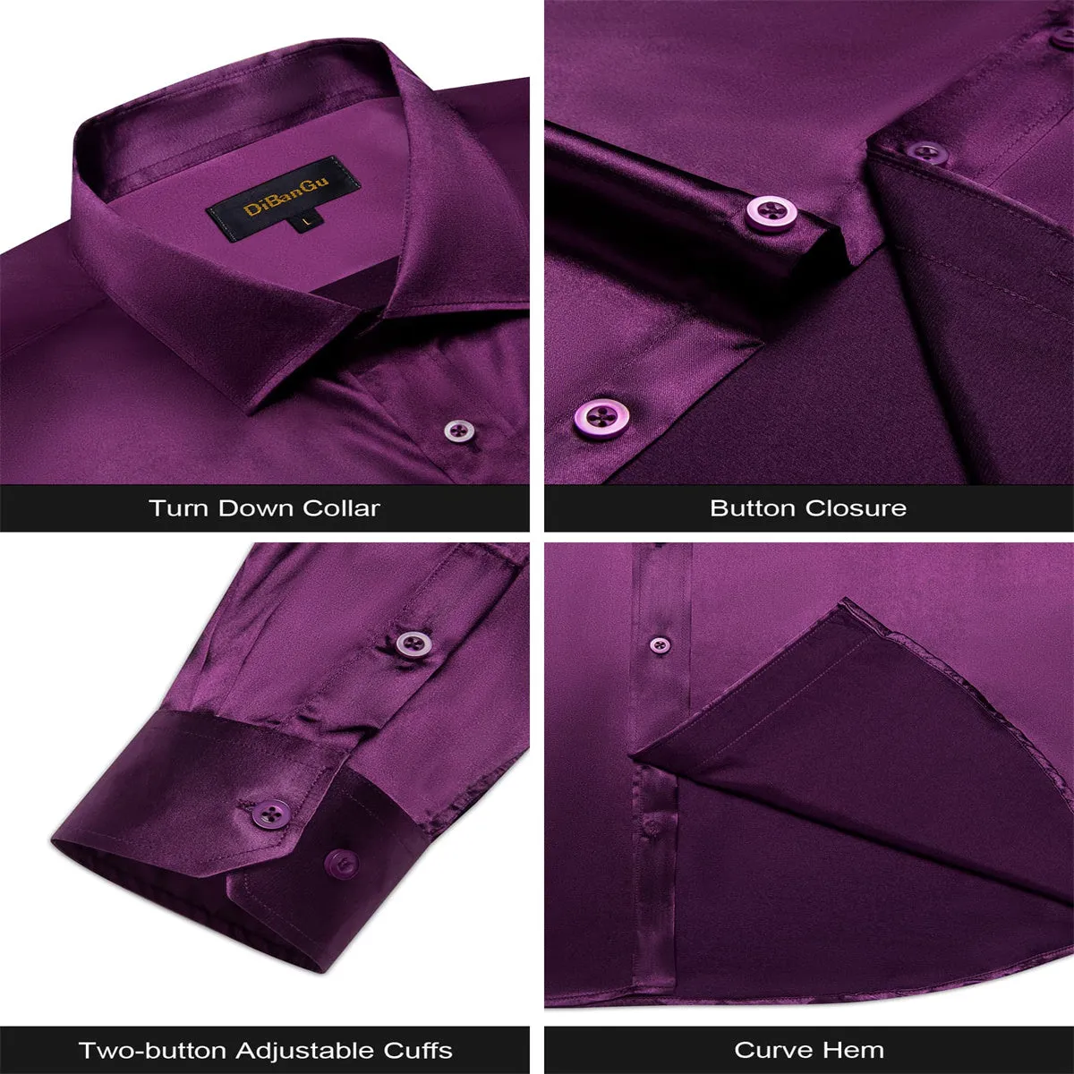DiBanGu Dress Shirt Deep Purple Satin Solid Long Sleeve Button Up Shirt for Men