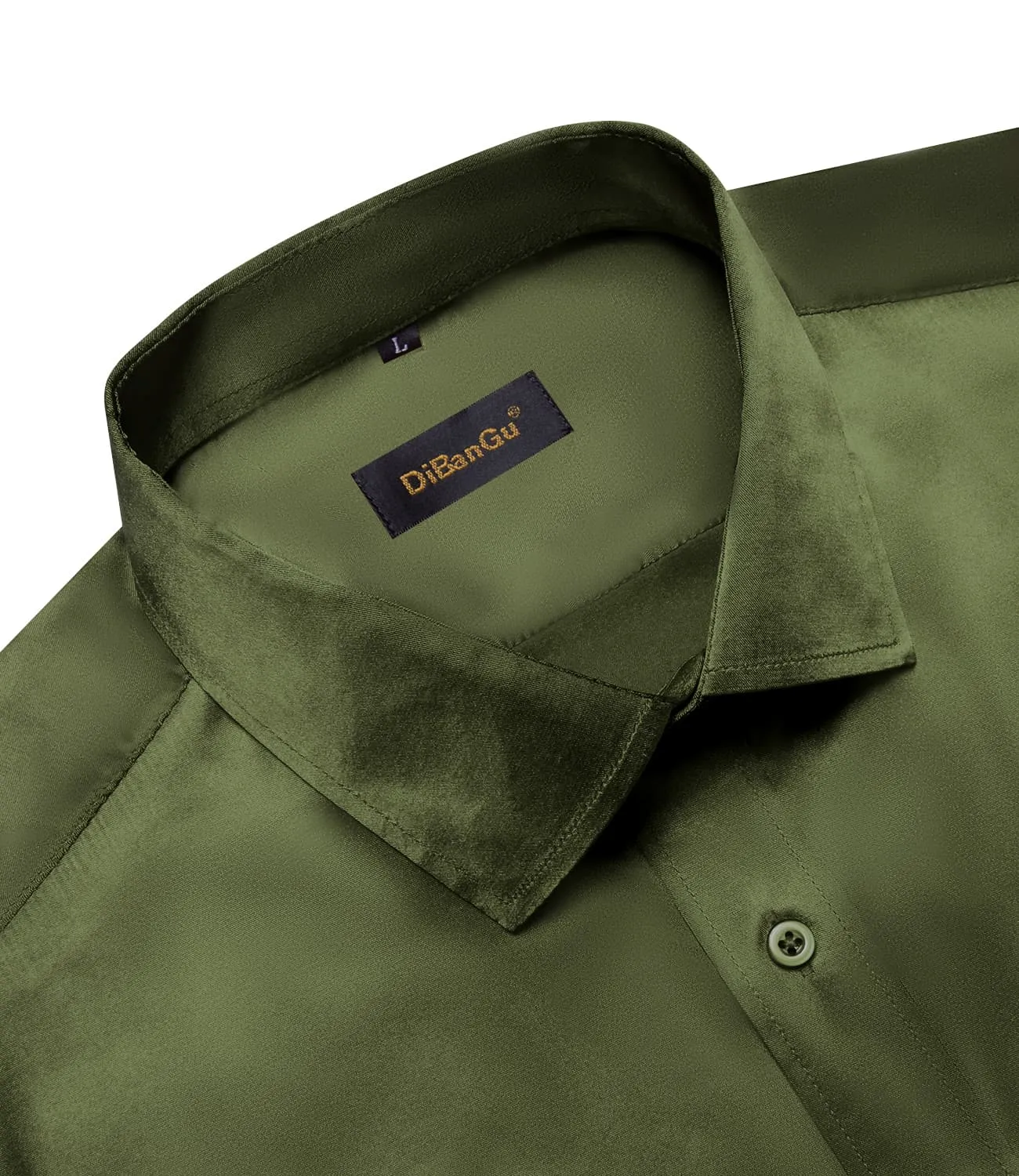 DiBanGu Long Sleeve Shirt Olive Drab Green Solid Satin Mens Dress Shirt