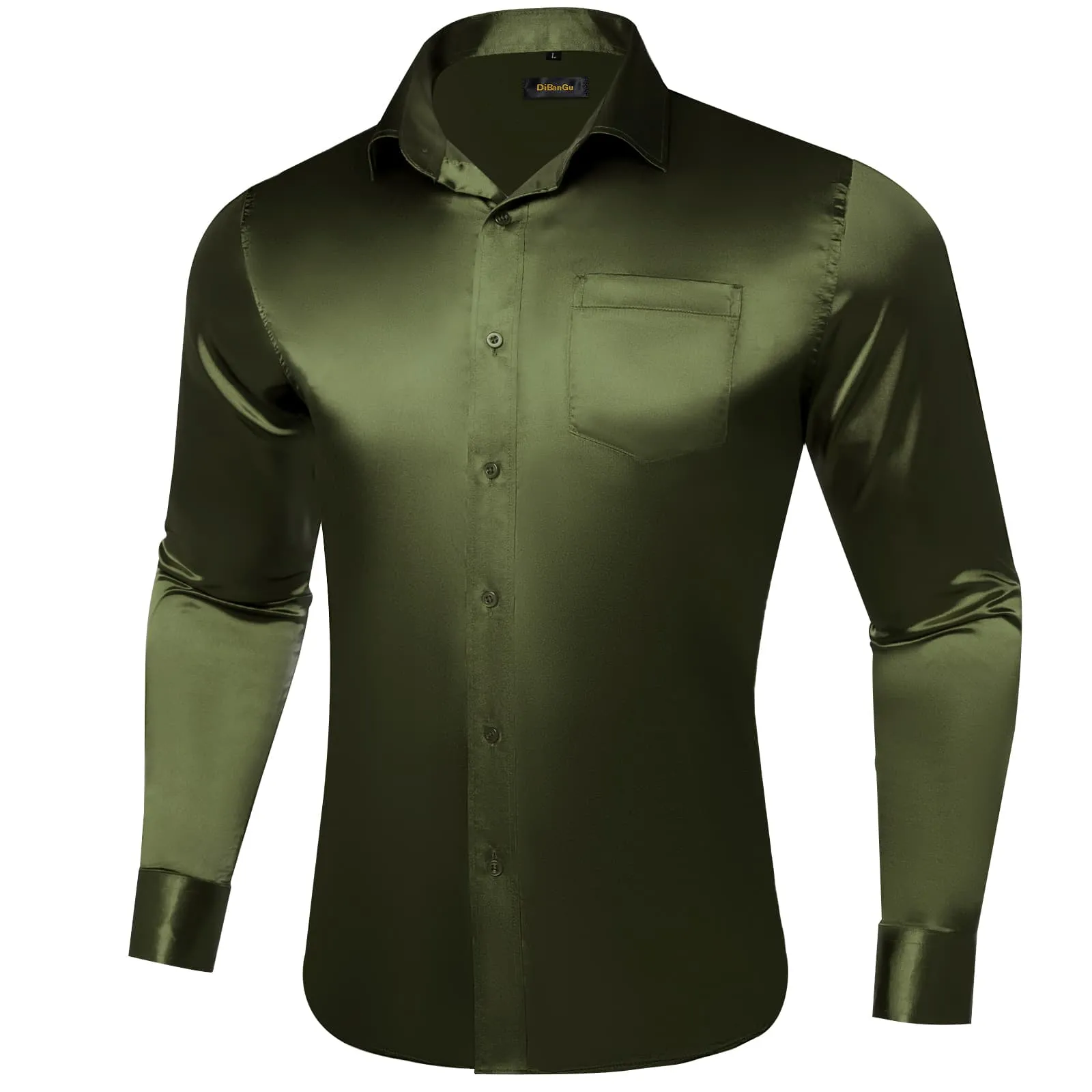 DiBanGu Long Sleeve Shirt Olive Drab Green Solid Satin Mens Dress Shirt
