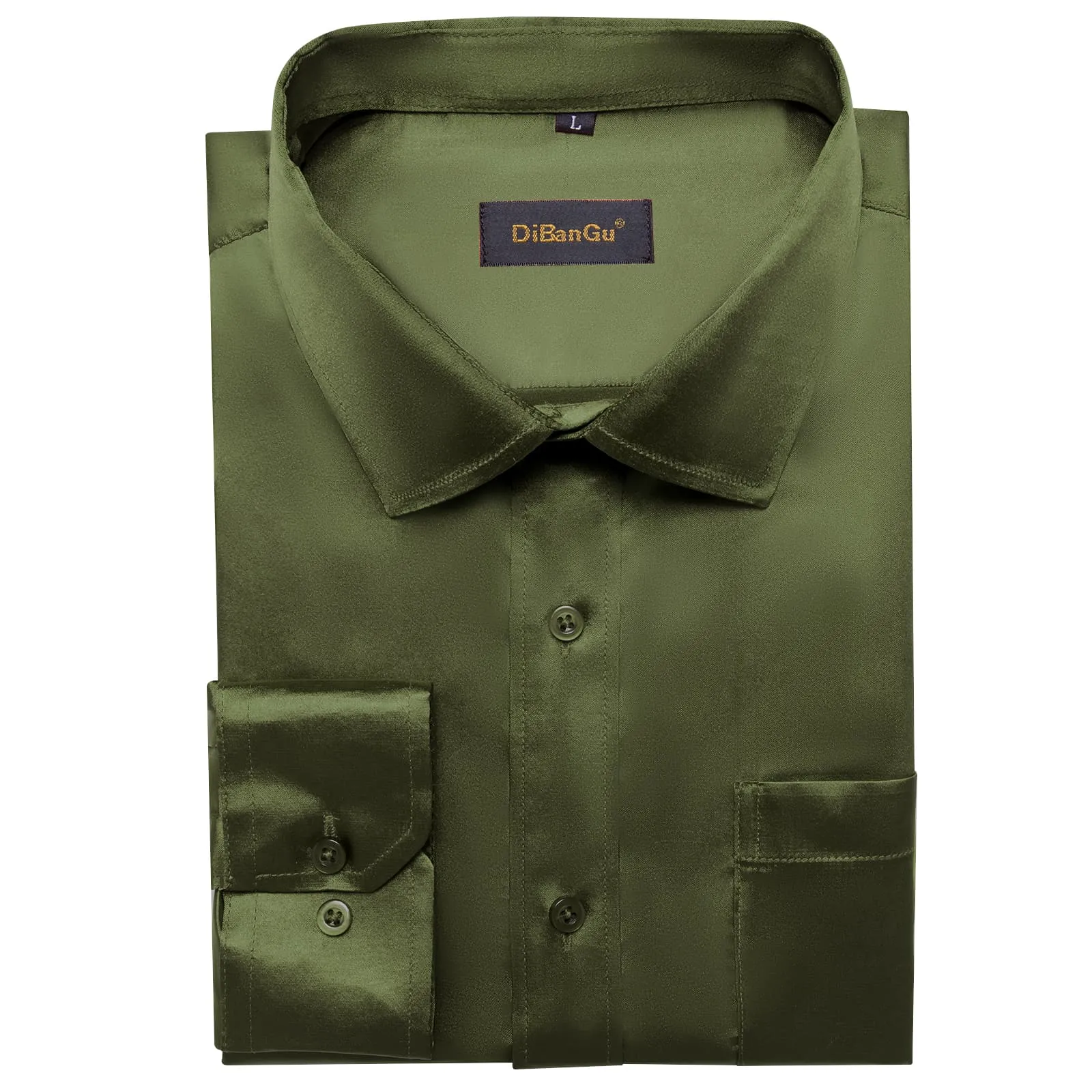 DiBanGu Long Sleeve Shirt Olive Drab Green Solid Satin Mens Dress Shirt