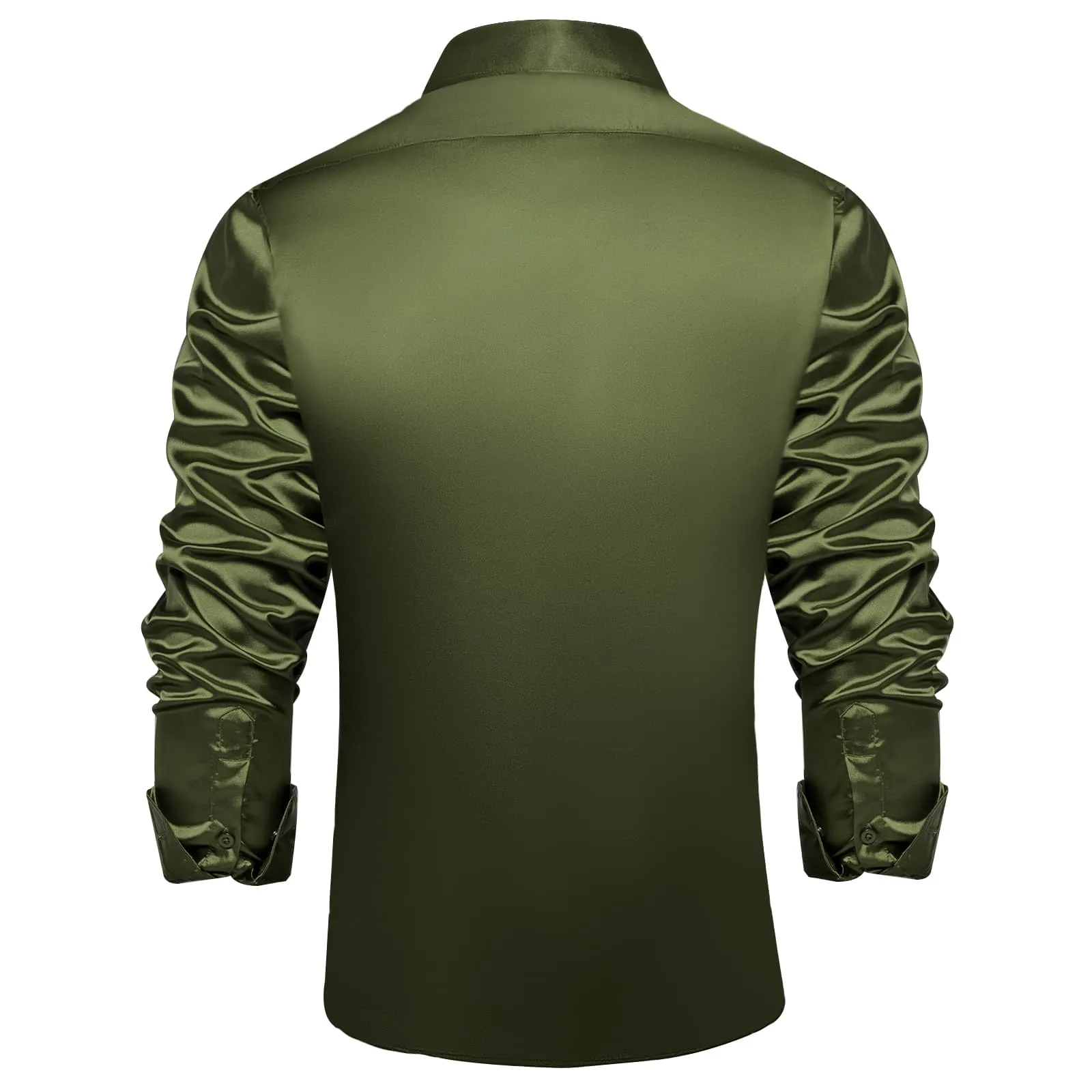 DiBanGu Long Sleeve Shirt Olive Drab Green Solid Satin Mens Dress Shirt