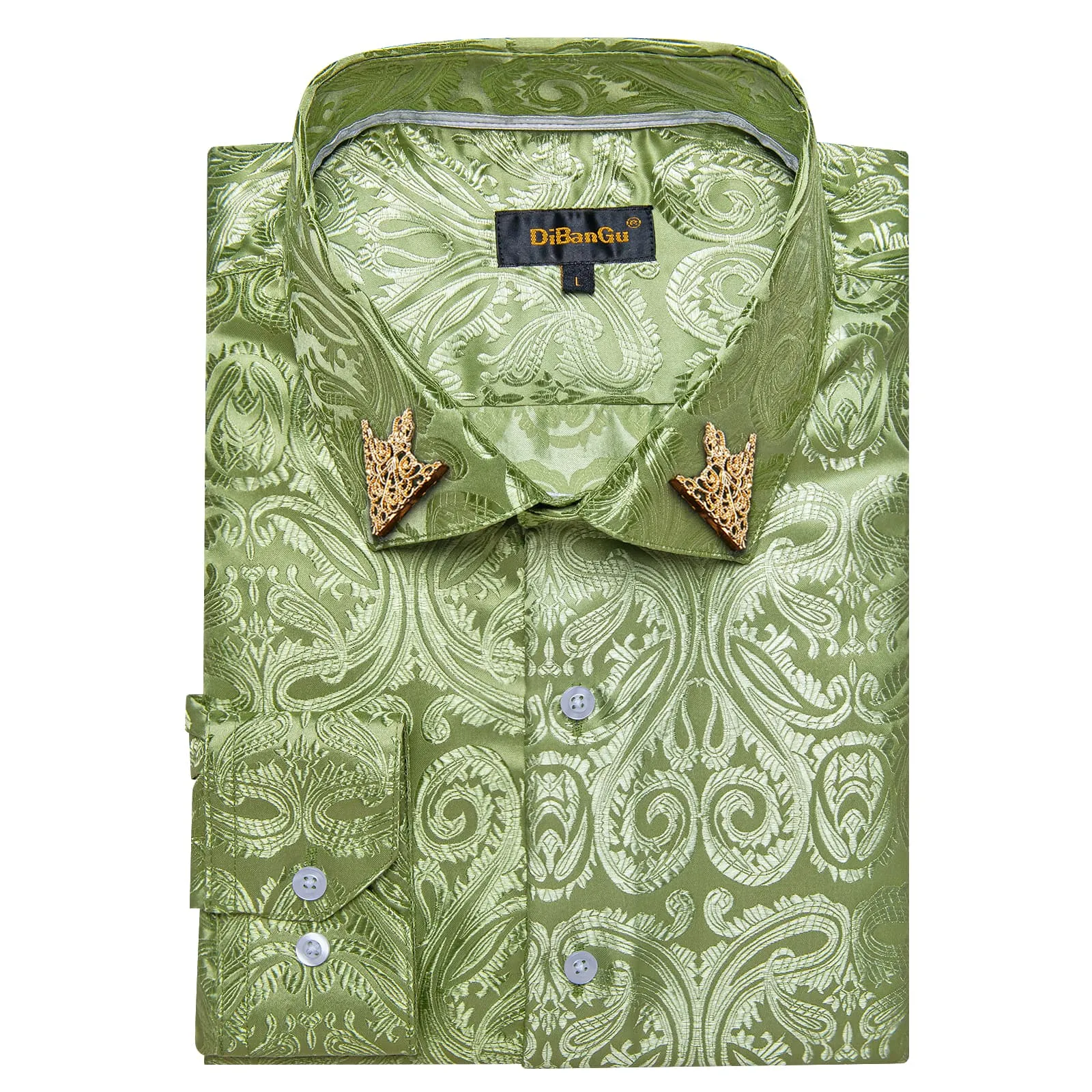 DiBanGu Shirt for Men Asparagus Green Paisley Long Sleeve Silk Button Up Business Work Shirt