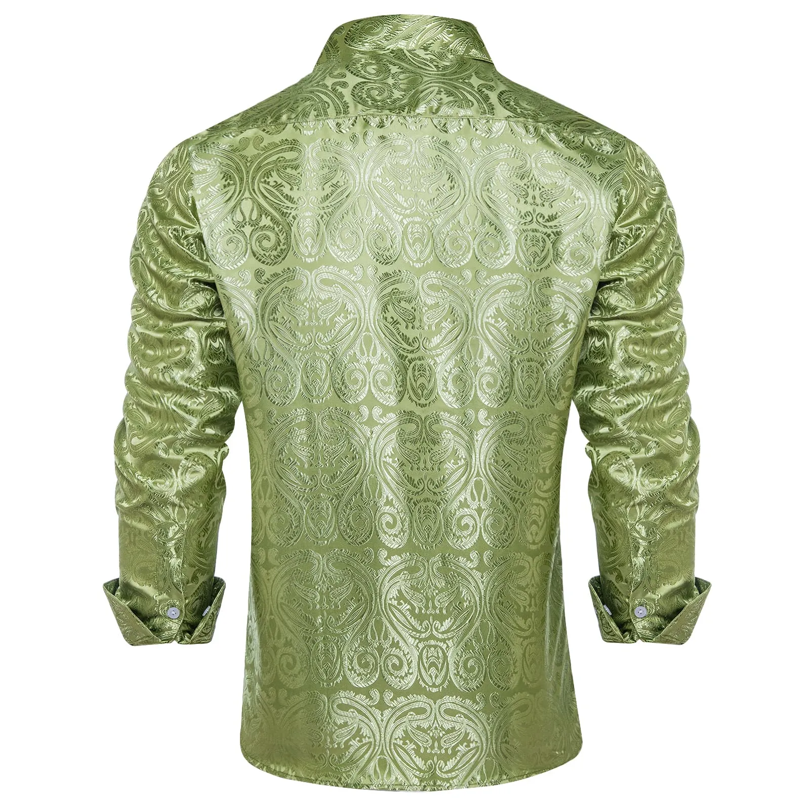 DiBanGu Shirt for Men Asparagus Green Paisley Long Sleeve Silk Button Up Business Work Shirt