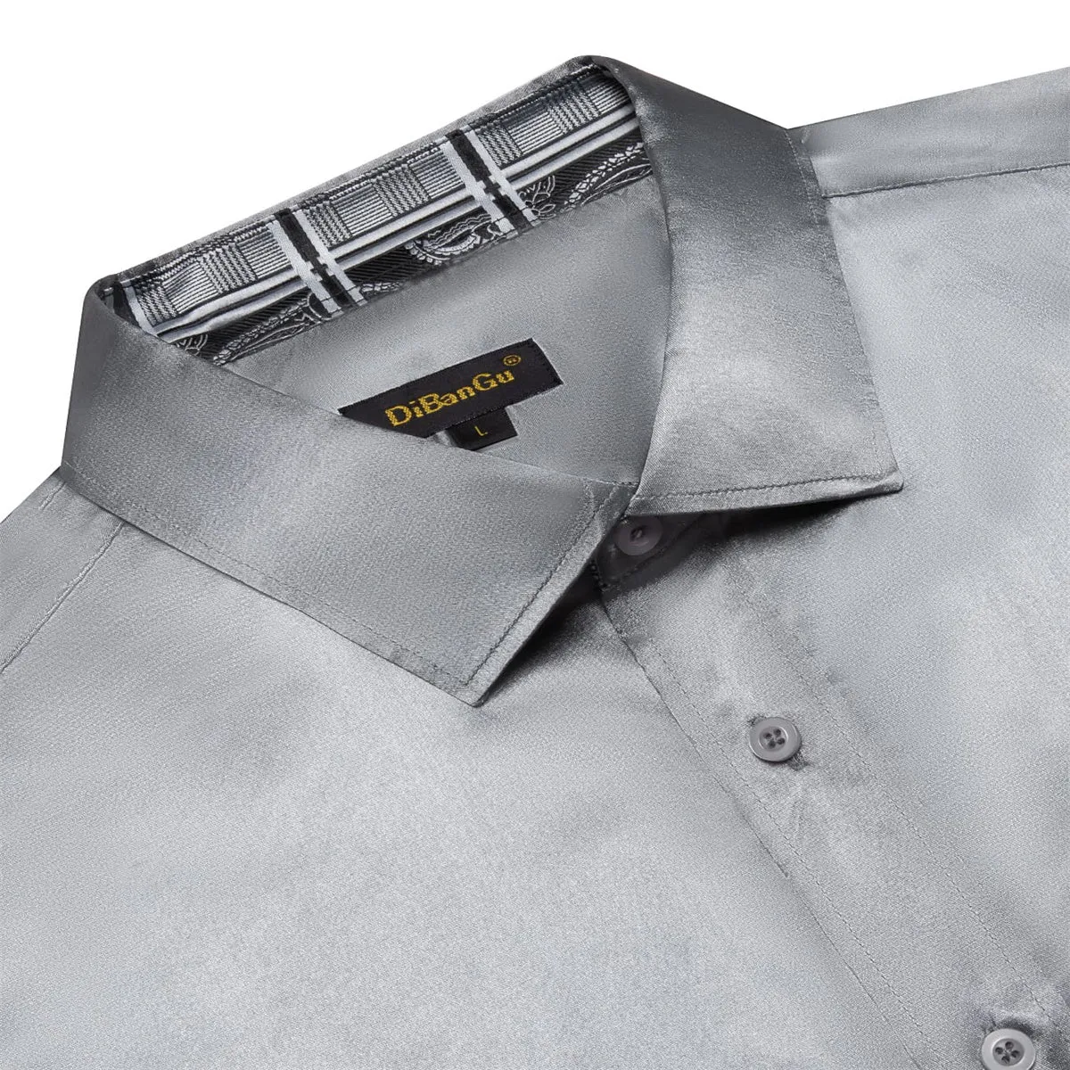 DiBanGu Tuxedo Shirt Dim Gray Solid Satin Silk Button Up Long Sleeve Men's Shirt
