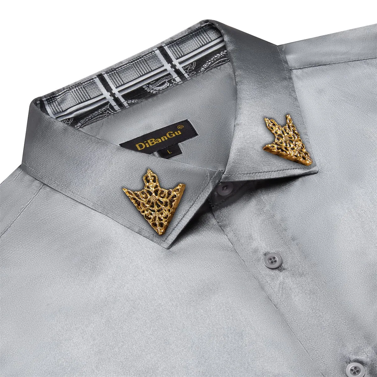DiBanGu Tuxedo Shirt Dim Gray Solid Satin Silk Button Up Long Sleeve Men's Shirt