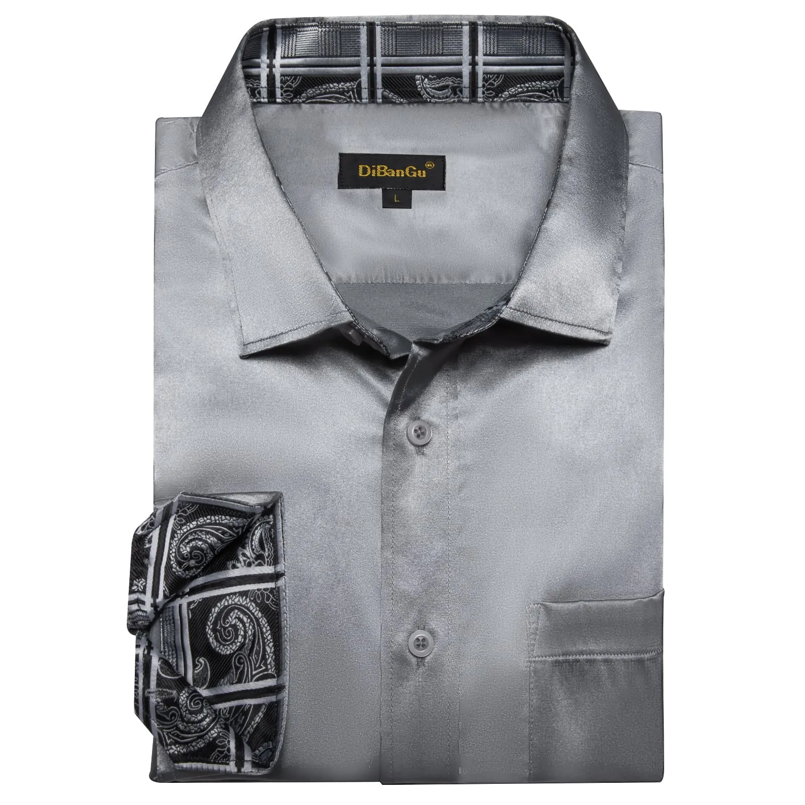 DiBanGu Tuxedo Shirt Dim Gray Solid Satin Silk Button Up Long Sleeve Men's Shirt