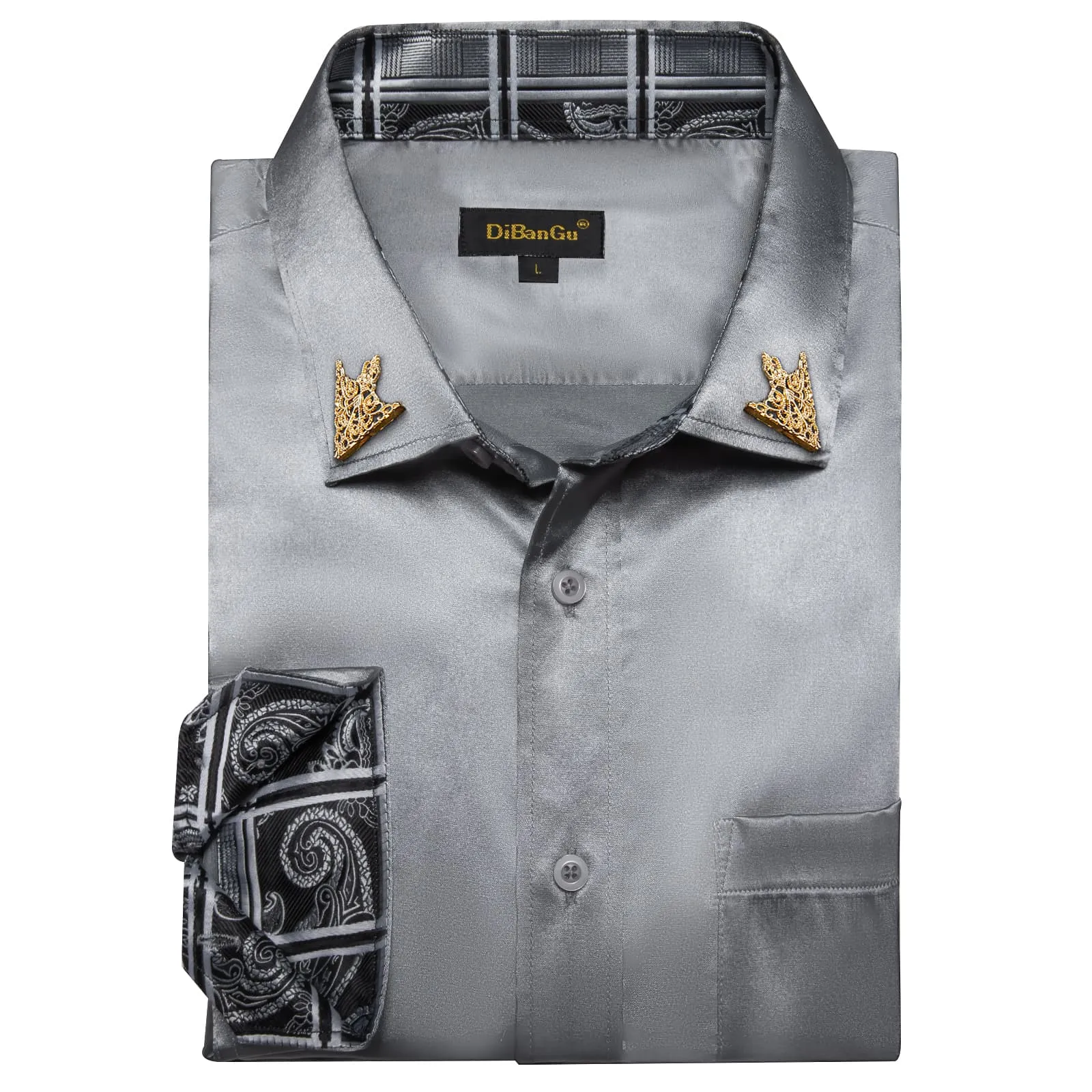 DiBanGu Tuxedo Shirt Dim Gray Solid Satin Silk Button Up Long Sleeve Men's Shirt