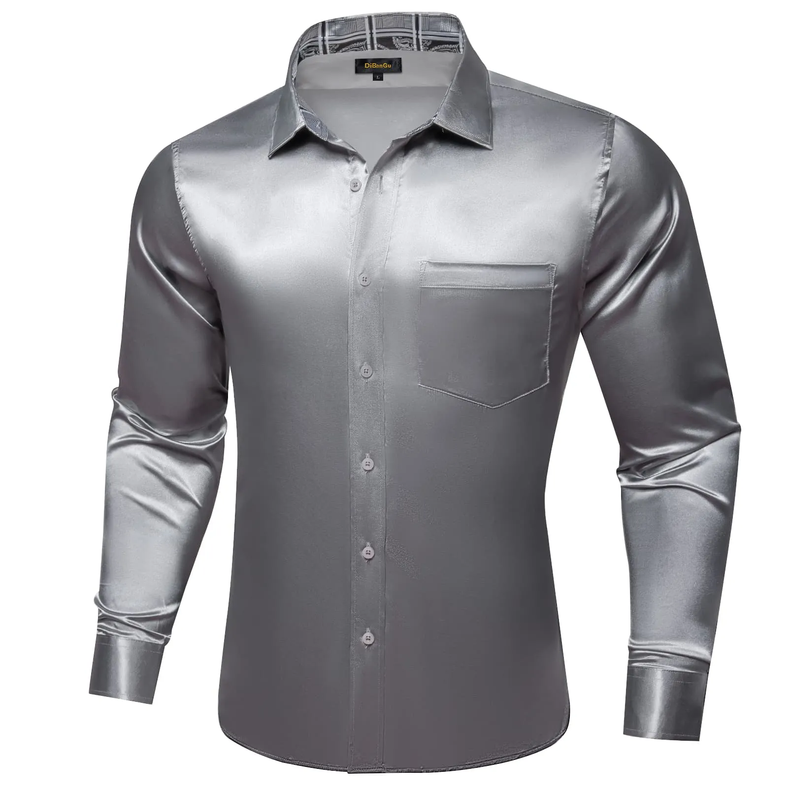 DiBanGu Tuxedo Shirt Dim Gray Solid Satin Silk Button Up Long Sleeve Men's Shirt