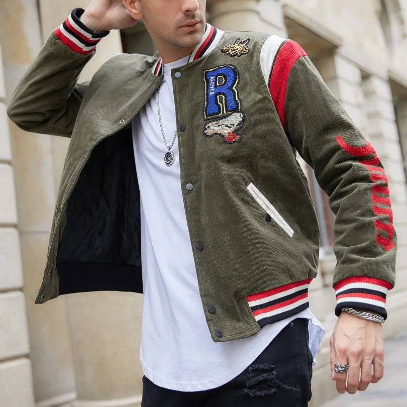 Emblem Embroidery Corduroy Bomber Jacket