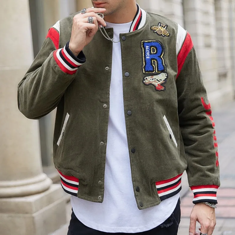 Emblem Embroidery Corduroy Bomber Jacket