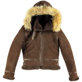 F004 Women's Suede Bomber Soft Shearling Genuine Leather Stylish Detachable Hood Brown Jacket