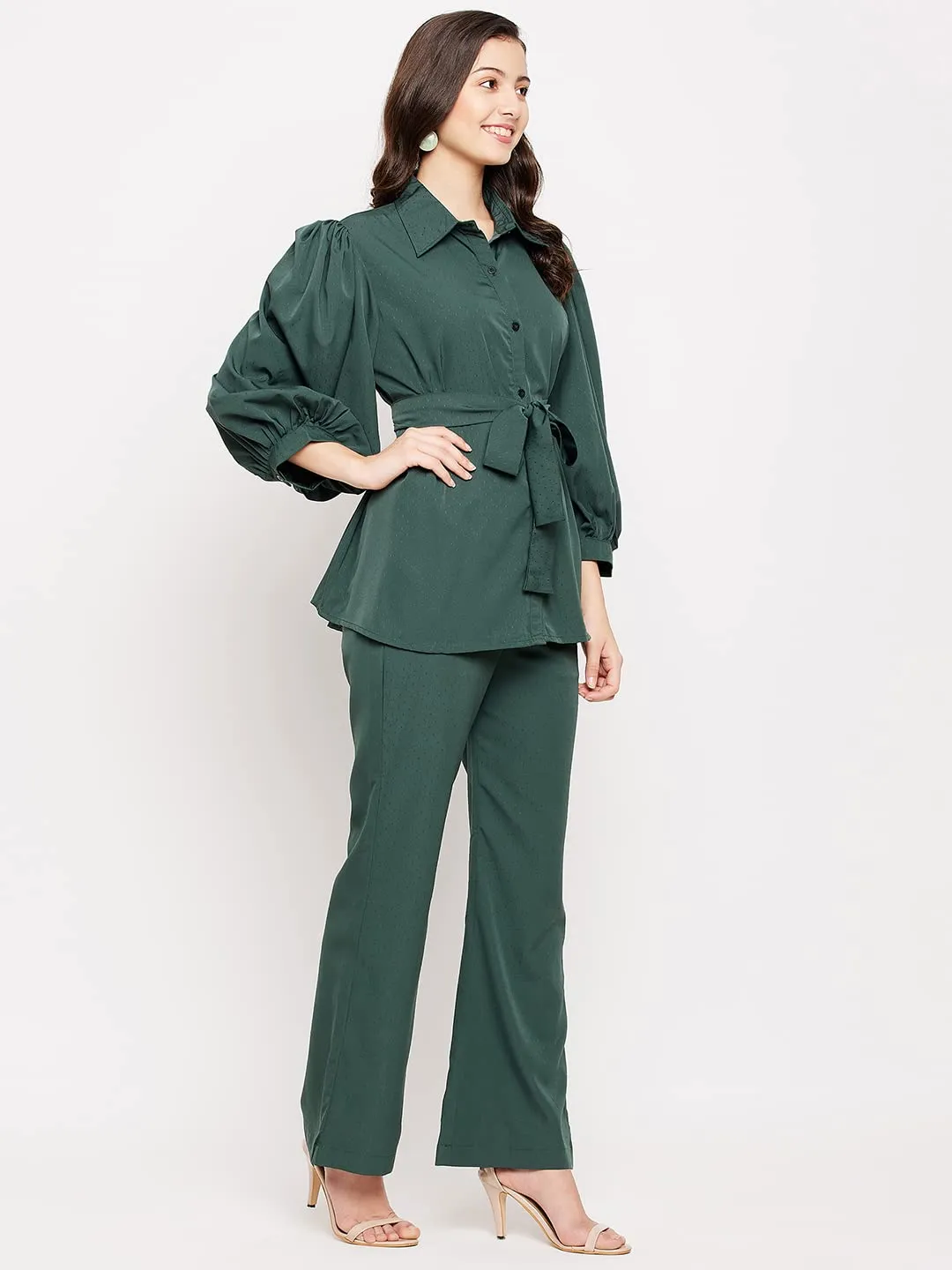 Fashfun Women's co-ord Set (Solid Crepe tie-up Shirt and Bootcut Pant Set) (Forest Green, Large) (SER-COORD-E-1-Q1-L) (Set of 3)