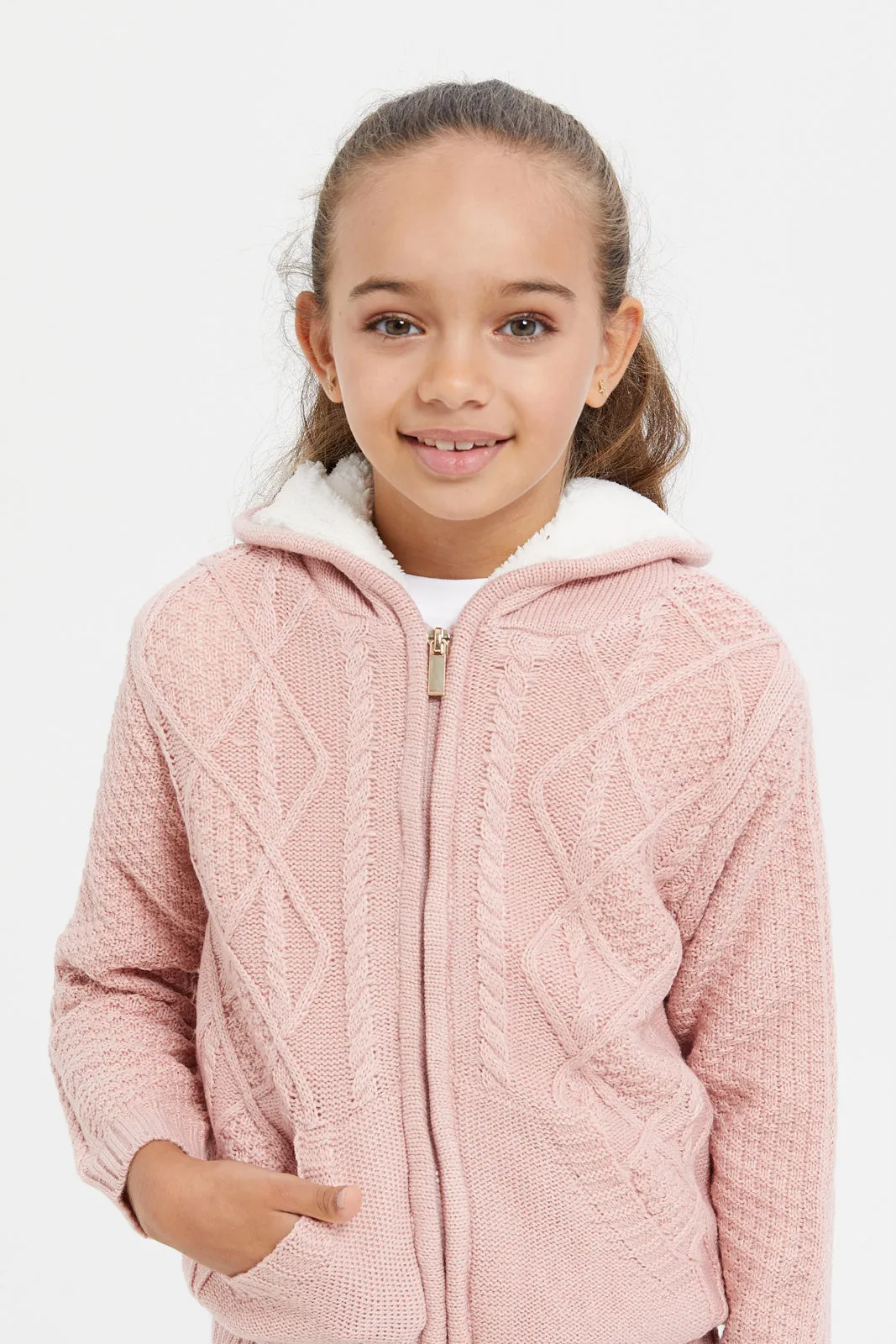 Girls Pink Knitted Zip Front Cardigan