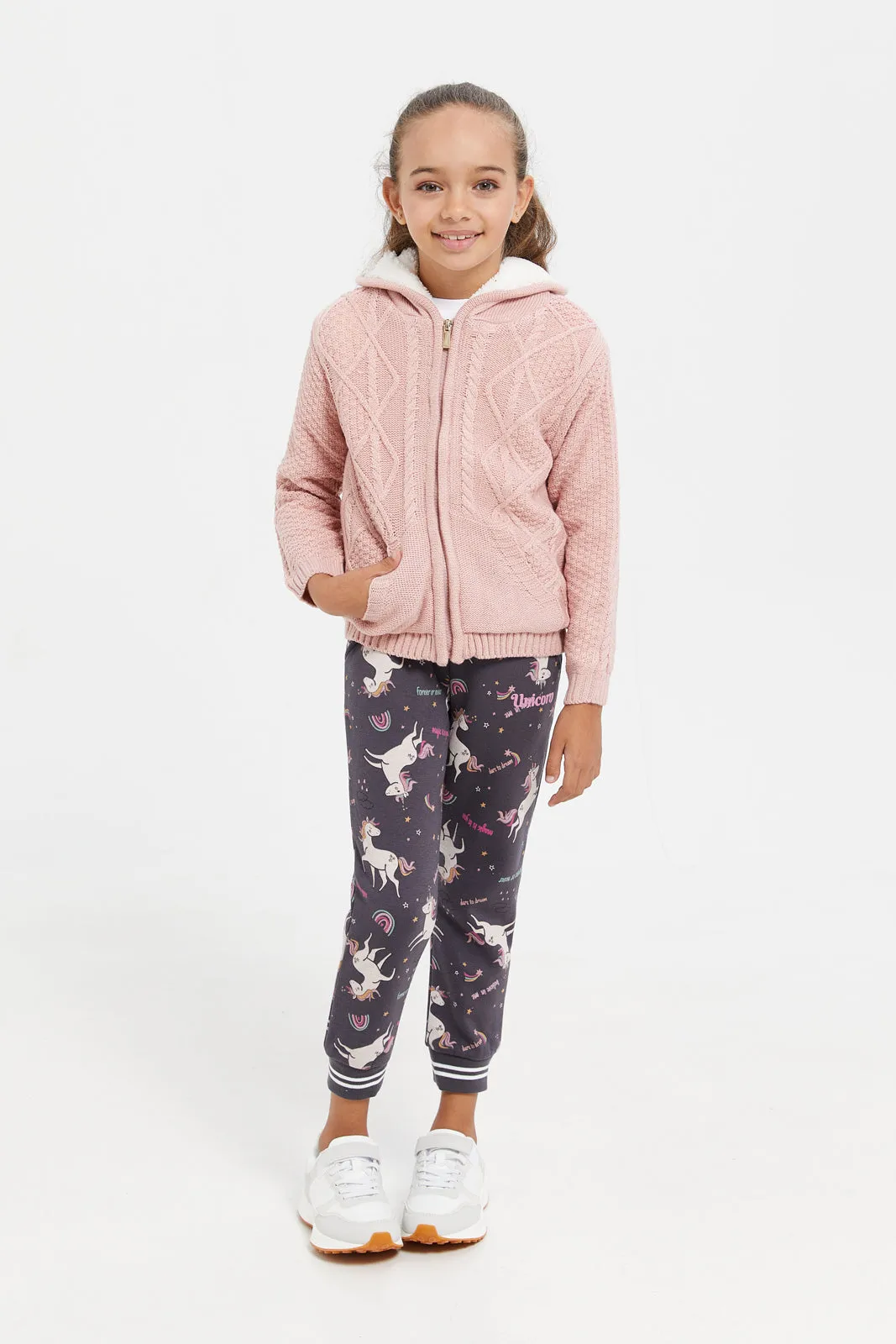 Girls Pink Knitted Zip Front Cardigan