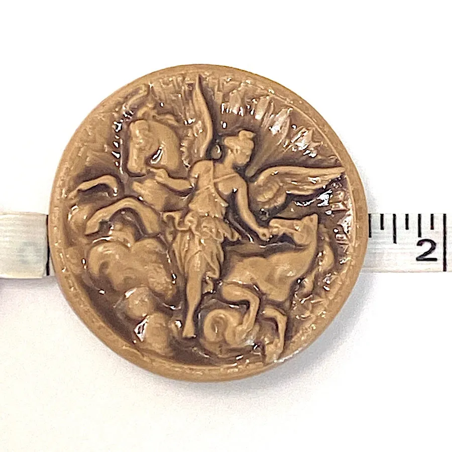 Goddess Aurora with Two Winged Horses Caramel Art Stone Button by Susan Clarke 1-5/8" #SC-2016