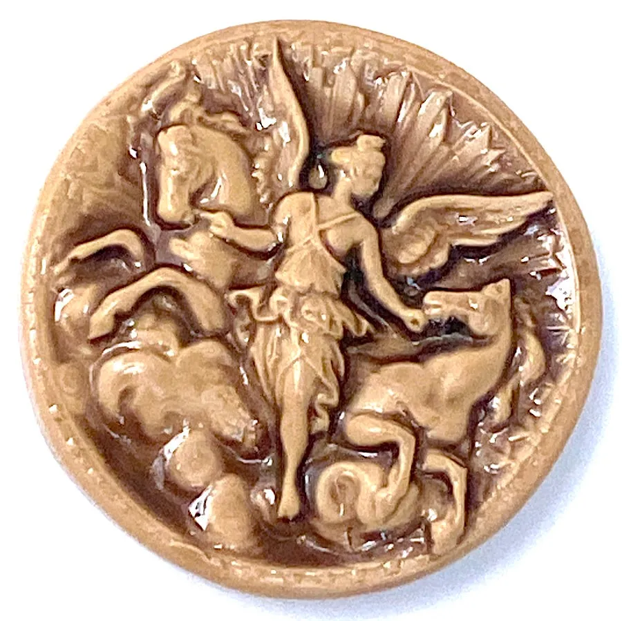 Goddess Aurora with Two Winged Horses Caramel Art Stone Button by Susan Clarke 1-5/8" #SC-2016