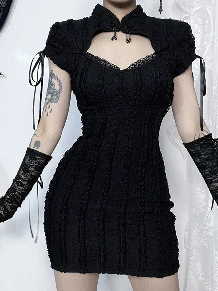 Gothic Knitted Texture Sleeve Vertical Collar Short Hip Out Hollow Vertical Outfit