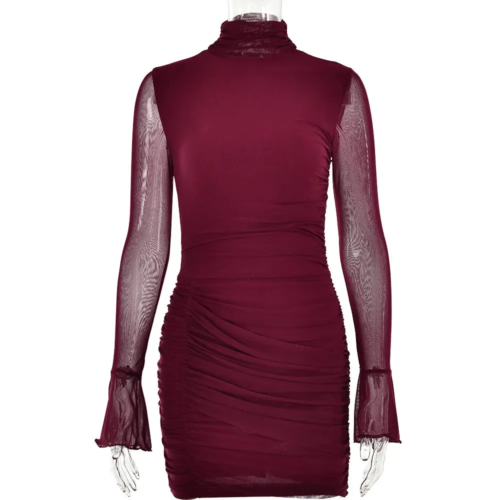Hollow Slim Out TurtleNeck Sexy Bodycon Long Black Autumn Sexy 2024 Women Sleeve Elegant Ruched Dress Dress